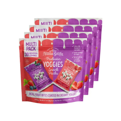 Nature’s Garden Probiotic Yoggies Variety Snack Packs, 21oz (0.7oz x 30) - Pack of 4 - Strawberry & Mixed Berry Flavors, Yogurt Covered Real Fruit Bites - Non-GMO, Vegetarian, Travel-Friendly Snacks