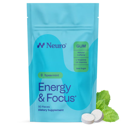 Neuro Energy & Focus Gum with Caffeine, L-Theanine, B Vitamins Spearmint 90 Count Bag