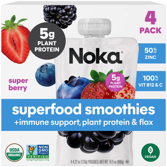 Noka Organic Superfood Smoothie Pouches, Plant Protein, Super Berry, 4.22oz, 4 Pack