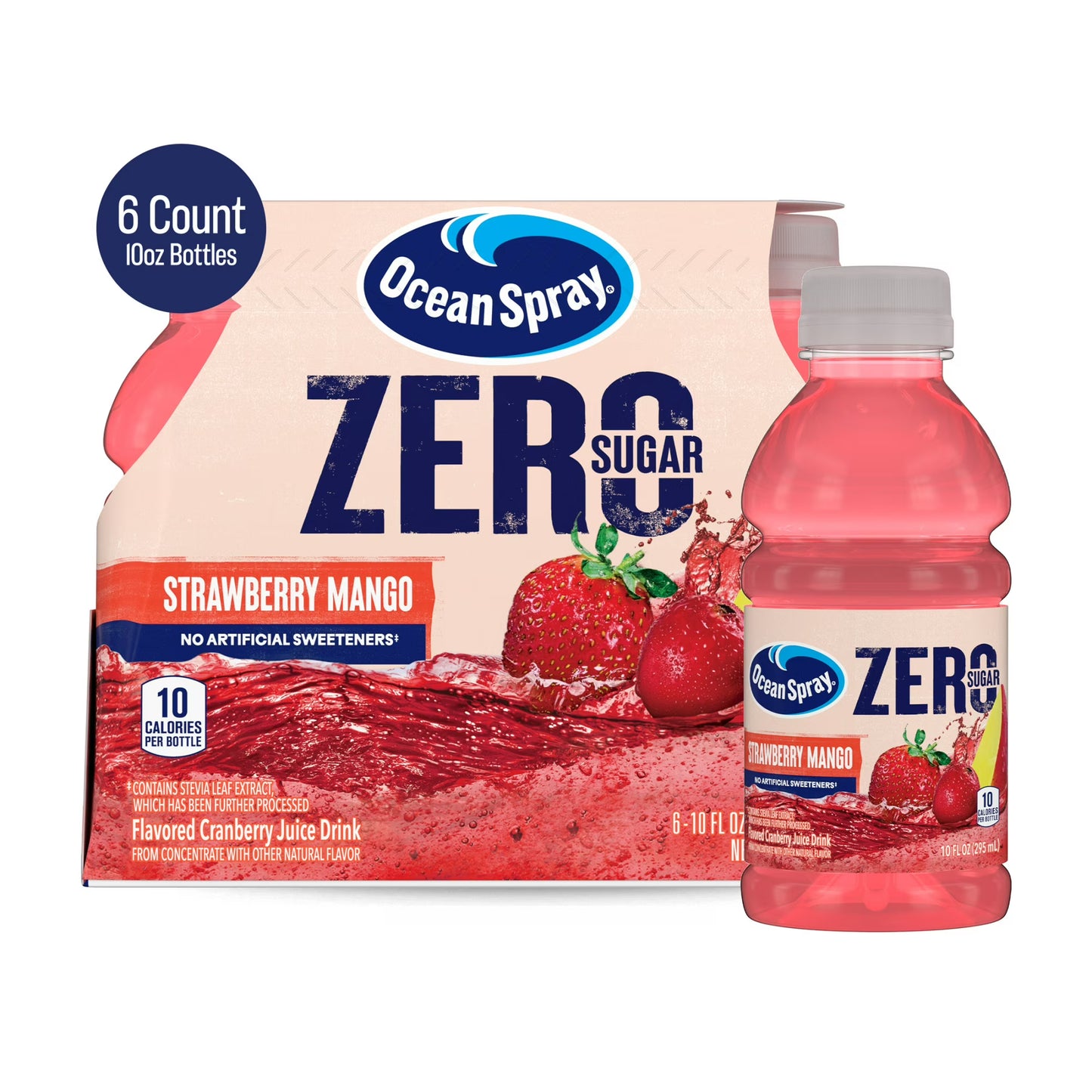 Ocean Spray ZERO Sugar Strawberry Mango Juice Drink, 10 Fl Oz Bottle, 6 Count
