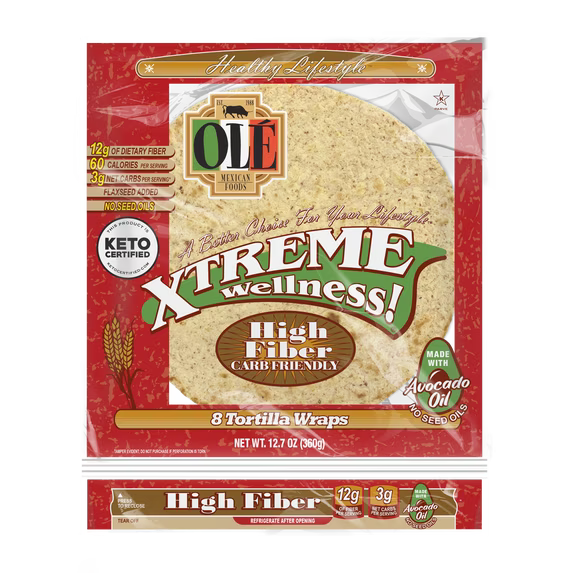 Olé Mexican Foods Xtreme Wellness High Fiber Keto Certified Flour Tortilla Wraps, 12.7 oz, 8 Count