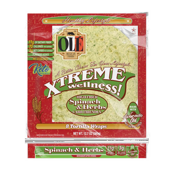 Ole Mexican Foods Xtreme Wellness High Fiber Spinach & Herbs Soft Taco Tortilla Wraps, 12.7 oz, 8 Count