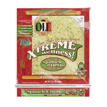 Ole Mexican Foods Xtreme Wellness High Fiber Spinach & Herbs Soft Taco Tortilla Wraps, 12.7 oz, 8 Count