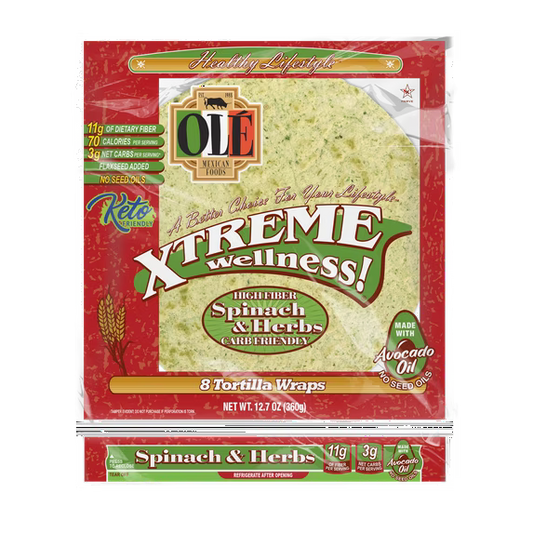 Ole Mexican Foods Xtreme Wellness High Fiber Spinach & Herbs Soft Taco Tortilla Wraps, 12.7 oz, 8 Count