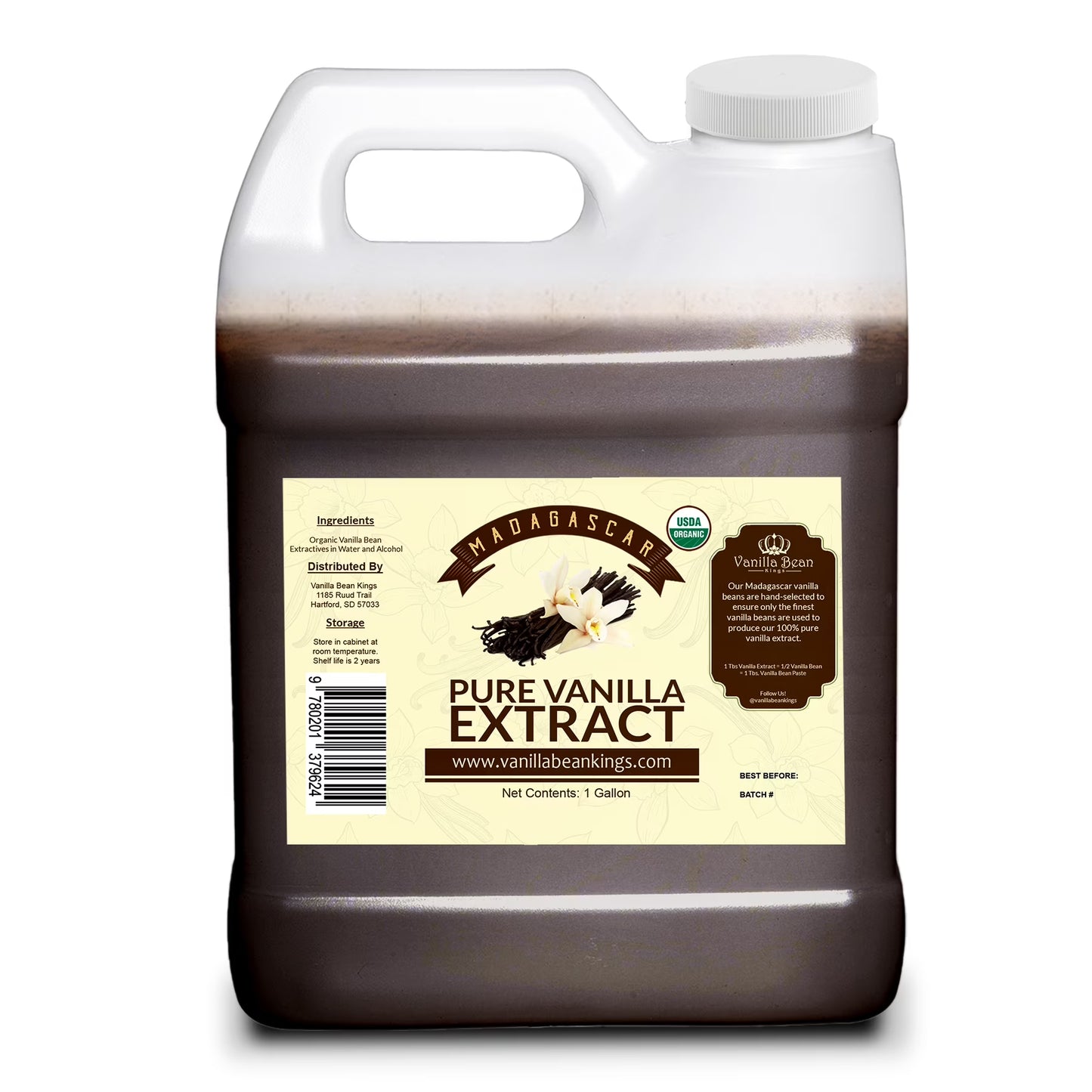 Organic Vanilla Extract - Made with Madagascar Vanilla Beans – For Baking, Desserts, Home Cooking and Chefs - 1 GALLON