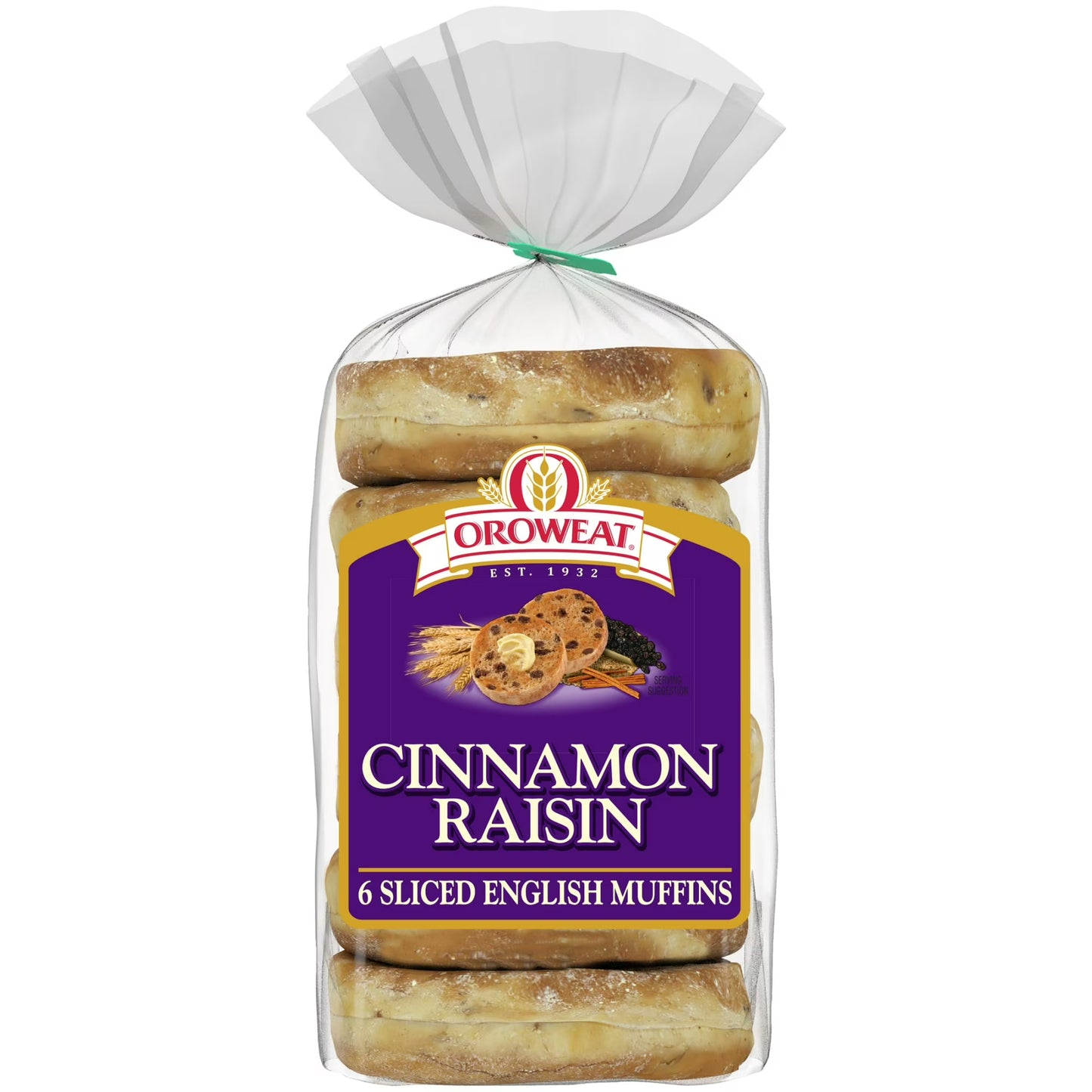 Oroweat Cinnamon Raisin English Muffins, 6 count, Pre-sliced English Muffins, 14.5 oz Bag