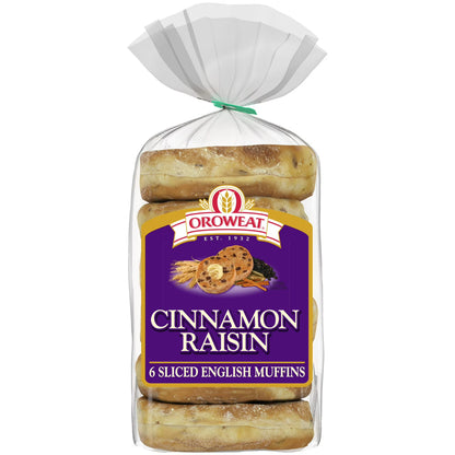 Oroweat Cinnamon Raisin English Muffins, 6 count, Pre-sliced English Muffins, 14.5 oz Bag