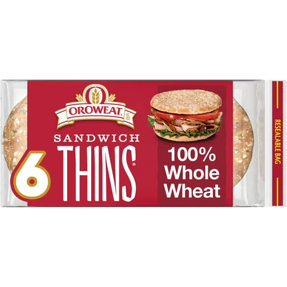 Oroweat Sandwich Thins 100% Whole Wheat Rolls, 6 count, 4g Fiber, 30g Whole Grains Thin Sandwich Bread, 12 oz Bag