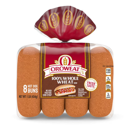 Oroweat Whole Wheat Hot Dog Buns, 8 count, Hot Dog Buns, 16 oz Bag