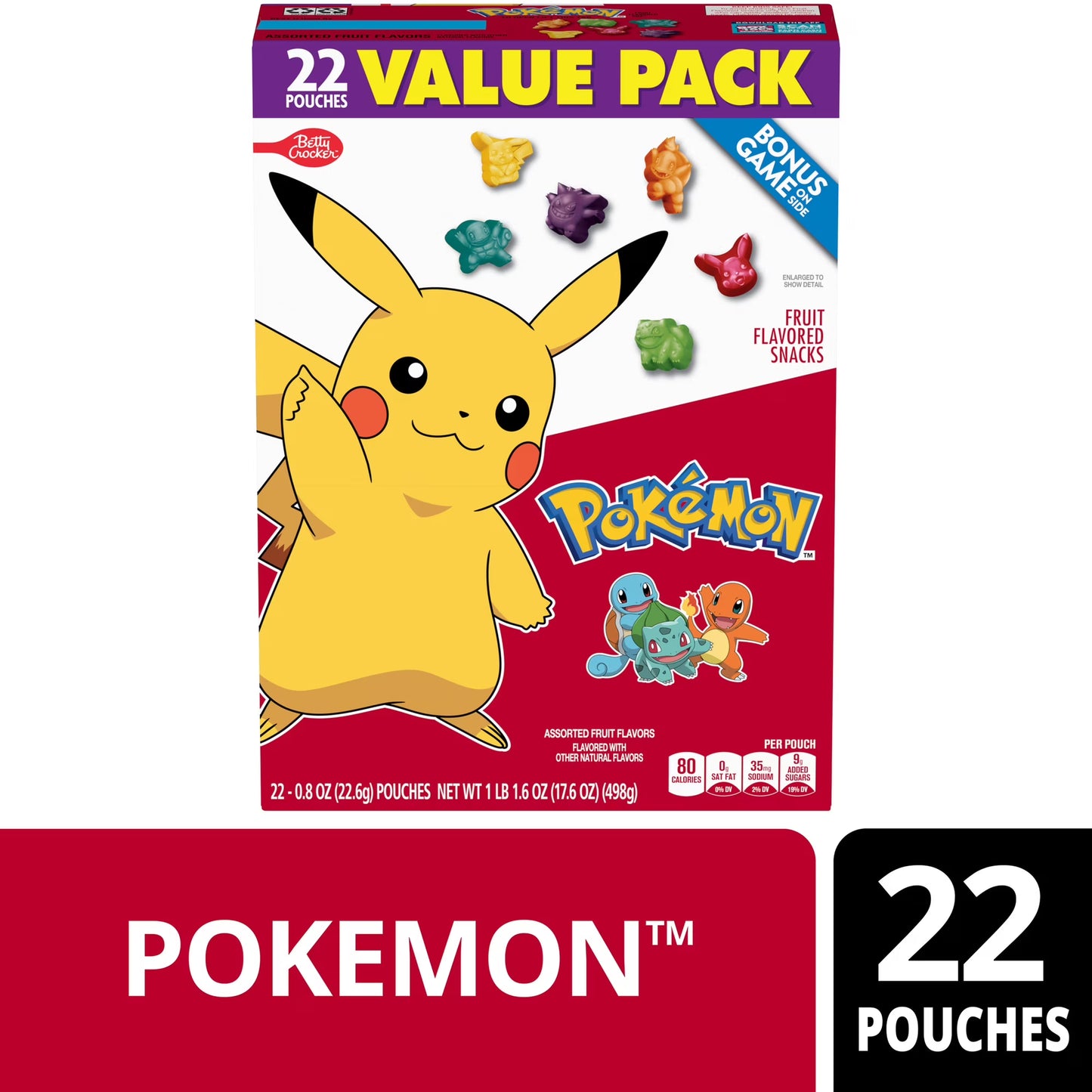 Pokemon Fruit Flavored Snacks, Fat Free and Gluten Free, Value Pack, 17.6 oz, 22 Pouches