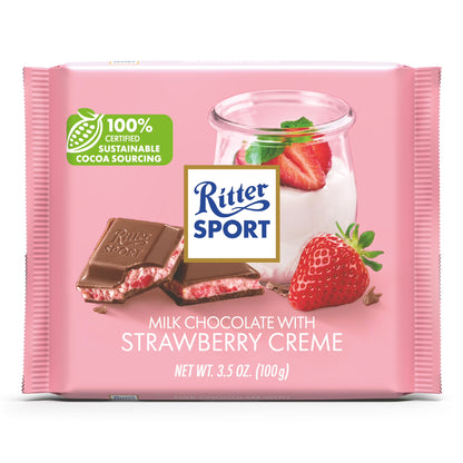 Ritter Sport Milk Chooclate Candy Bar with Strawberry Crème filling Chocolate Candy Bar – Authentic German Chocolate, Wrapped, 3.5 oz