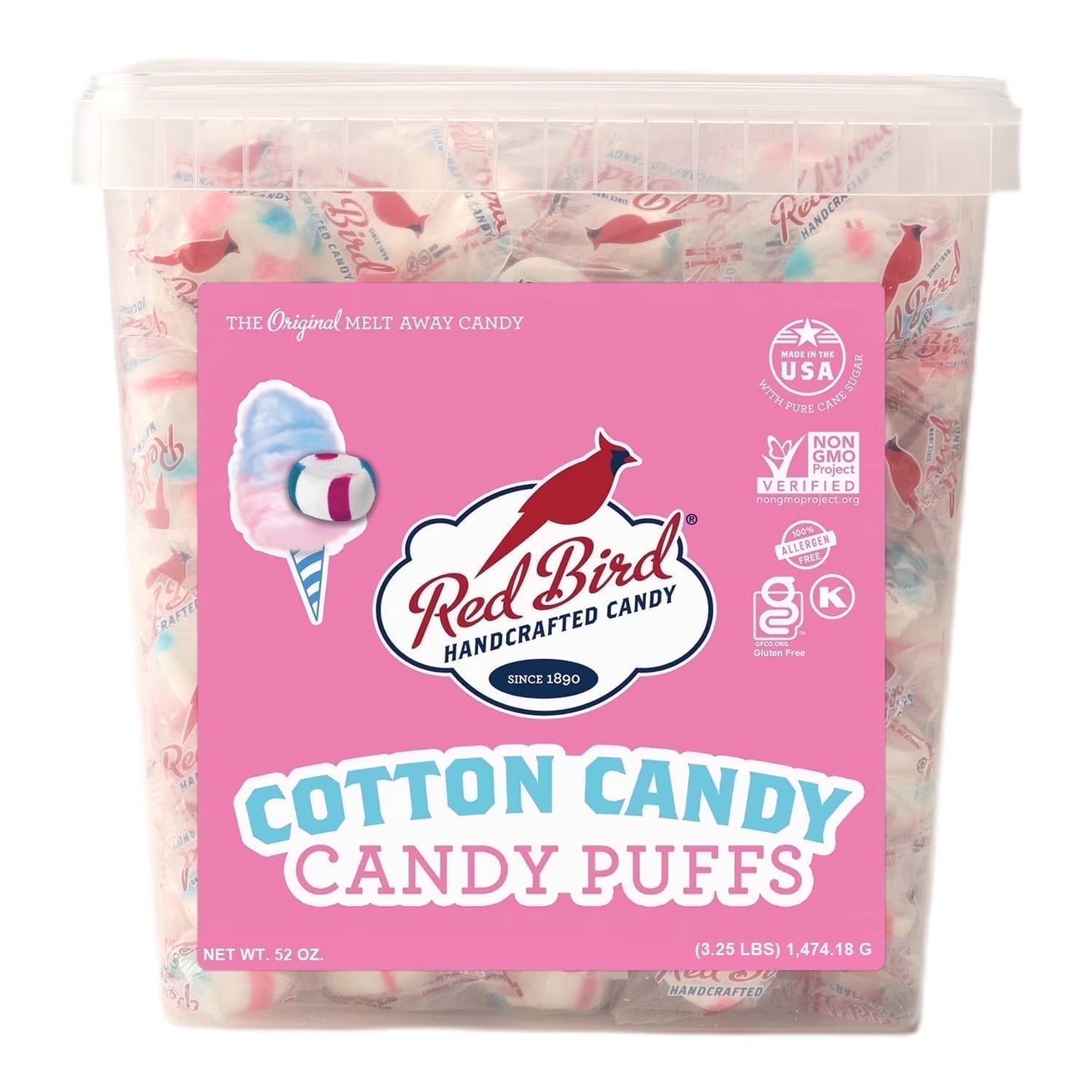 Red Bird Individually Wrapped Cotton Candy Puffs, Gluten Free, Kosher, Non-GMO, 52 oz Tub