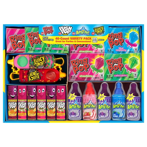 Ring Pop, Push Pop, Baby Bottle Pop, Juicy Drop Pop, Lollipop Variety Pack, Bulk Candy, Assorted Flavors, Party & Sharing Size, 26 oz, 40 Pieces