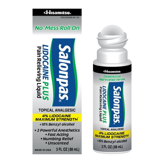 (2 pack) Salonpas Lidocaine Plus Pain Relieving No-Mess Roll On Liquid, 3 fluid oz