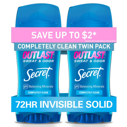 Secret Outlast Antiperspirant Deodorant for Women, Invisible Solid, Completely Clean, 2.6 oz, Twin Pack