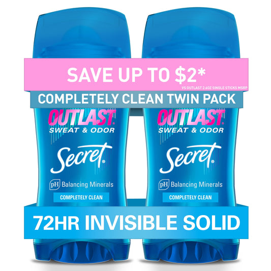 Secret Outlast Antiperspirant Deodorant for Women, Invisible Solid, Completely Clean, 2.6 oz, Twin Pack