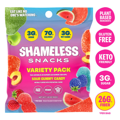 Shameless Snacks Variety Pack Low Calorie Sour Gummy Candy, Keto Friendly High Fiber Low Sugar Healthy Candy, Gluten Free Plant Based, 1.8 oz Bag