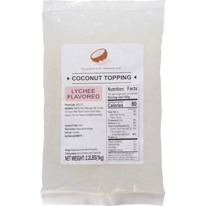 Soeos Lychee Flavored Coconut Jelly Strips, 2.2 lbs (1 Kg) – Sweet & Chewy Tropical Snack, Ready-to-Eat Dessert Topping for Drinks, Bubble Tea, and Ice Cream