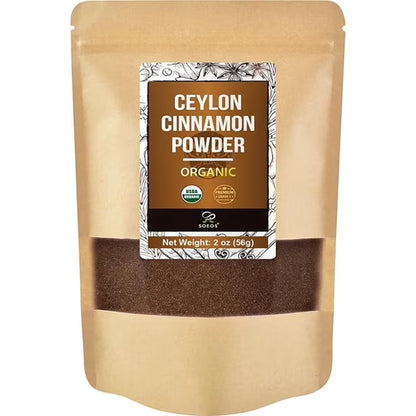 Soeos Organic Ceylon Cinnamon Powder, Grade 1, 2 oz (56g), Pure Ground Cinnamon from Sri Lanka, Perfect for Baking, Cooking and Beverages