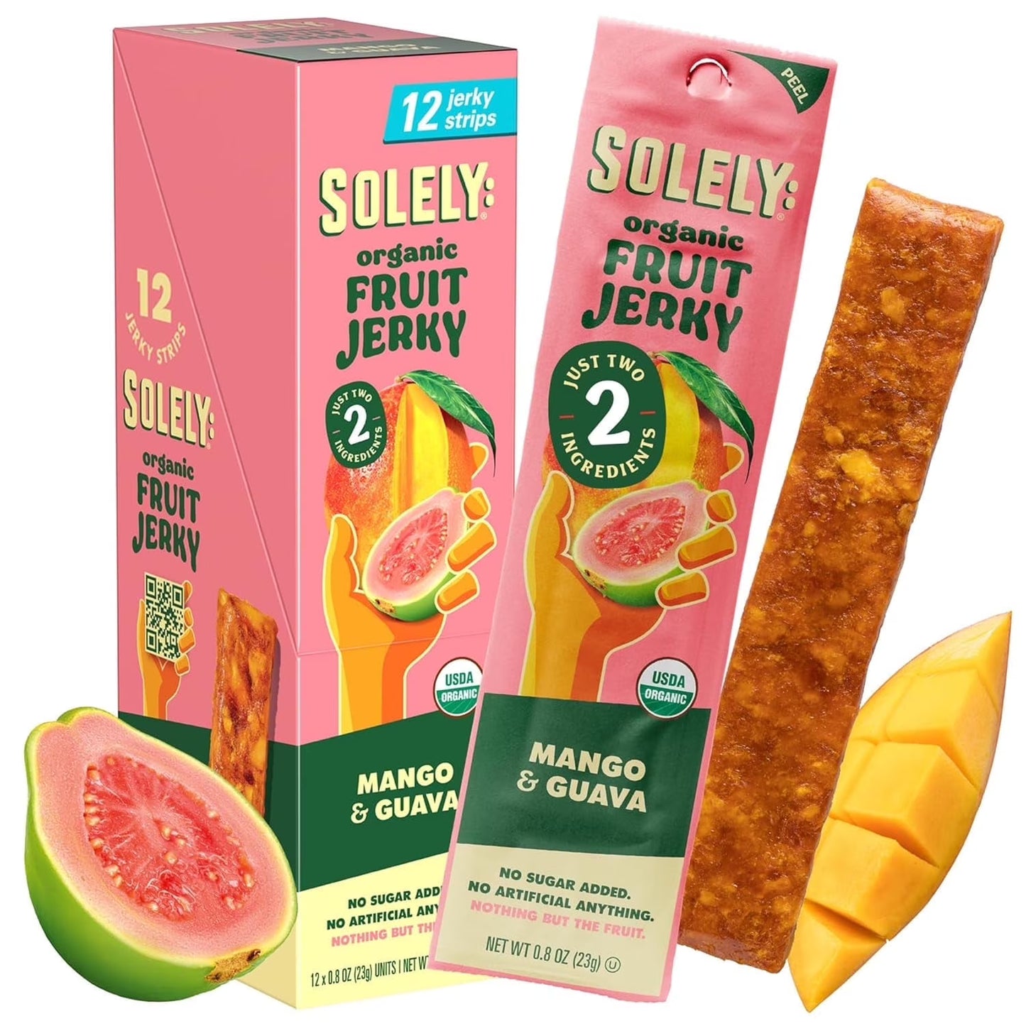 Solely Organic Mango Guava Fruit Jerky, 12 Individually Wrapped Strips (12-Pack), Made from Dried Fruit, Healthy Snacks for All, Vegan, 0.8oz (23g)