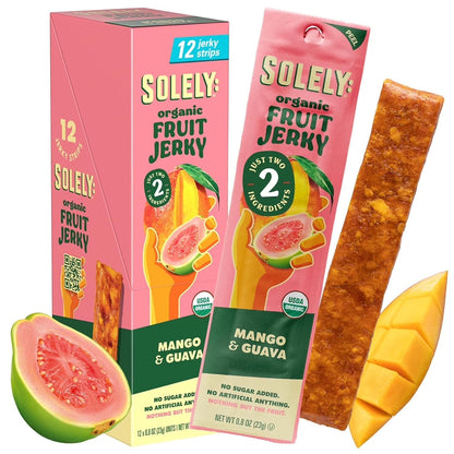Solely Organic Mango Guava Fruit Jerky, 12 Individually Wrapped Strips (12-Pack), Made from Dried Fruit, Healthy Snacks for All, Vegan, 0.8oz (23g)