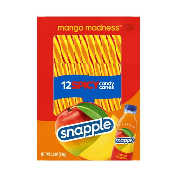 Spicy Mango Snapple Christmas Holiday Candy Canes Stocking Stuffers Individually Wrapped Treats, 12 Count