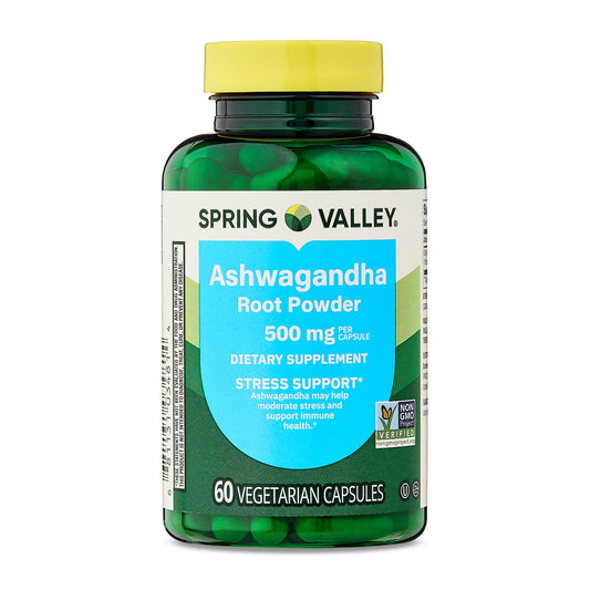 (3 pack) Spring Valley Ashwagandha Root Powder General Wellness Dietary Supplement Vegetarian Capsules, 500 mg, 60 Count