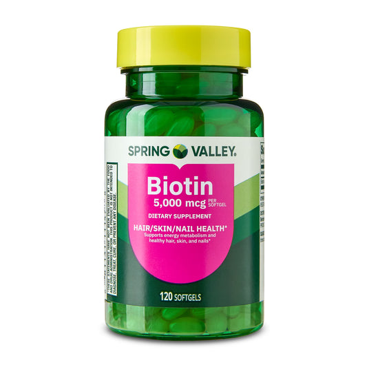 (3 pack) Spring Valley Biotin Hair/Skin/Nails Health Dietary Supplement Softgels, 5,000 mcg, 120 Count