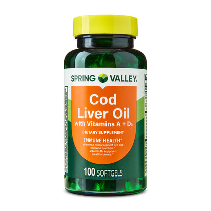 (2 pack) Spring Valley Cod Liver Oil Plus Vitamins A & D3 Dietary Supplement, 100 Count