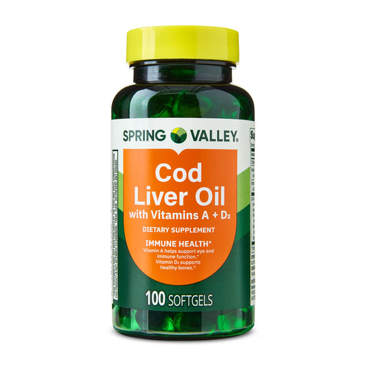 (2 pack) Spring Valley Cod Liver Oil Plus Vitamins A & D3 Dietary Supplement, 100 Count
