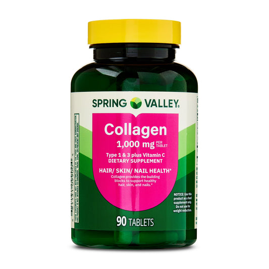 (3 pack) Spring Valley Collagen Type 1 & 3 Plus Vitamin C Hair/Skin/Nails Supplement Tablets, 1,000 mg, 90 Count