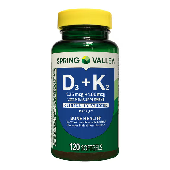 (3 pack) Spring Valley D3 125 mcg + K2 (100 mcg) for Bone Health Softgels, 120 Count