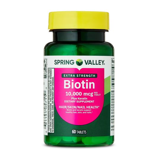 (3 pack) Spring Valley Extra Strength Biotin Plus Keratin Dietary Supplement Tablets for Hair/Skin/Nail Health, 10,000 mcg, 60 Count