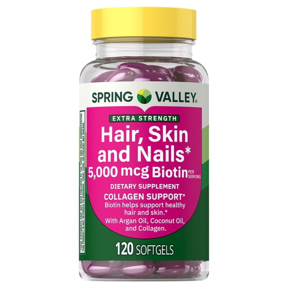 (3 pack) Spring Valley Extra Strength Hair Skin & Nails Collagen Support Softgels, 5000 Mcg Biotin, 120 Count