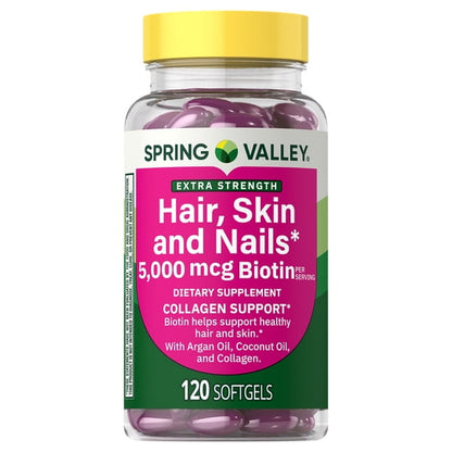 (3 pack) Spring Valley Extra Strength Hair Skin & Nails Collagen Support Softgels, 5000 Mcg Biotin, 120 Count