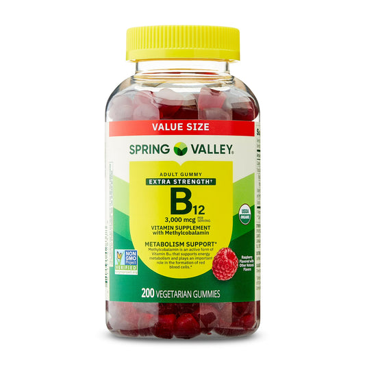Spring Valley Extra Strength Vitamin B12 Supplement, Raspberry Flavor, 3000 mcg, 200 Count, Vegetarian Gummies for Metabolism Support