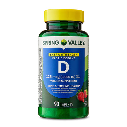 (3 pack) Spring Valley Extra Strength Vitamin D3, 125 mcg (5,000 IU), 90 Count, Strawberry Flavor, Dietary Supplement Fast Dissolve Tablets