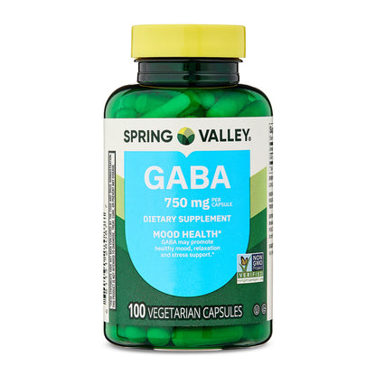 (3 pack) Spring Valley GABA Dietary Supplement Vegetarian Capsules for Mood Health, 750 mg, 100 Count