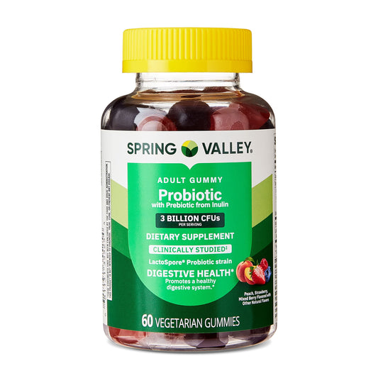 (3 pack) Spring Valley Probiotic with Prebiotic from Inulin Vegetarian Gummies for Digestive Health, Assorted Flavors, 3 Billion CFU, 60 Count