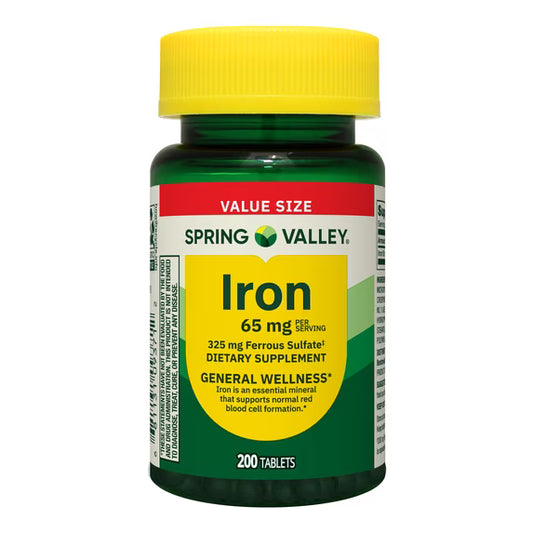 (3 pack) Spring Valley General Health & Wellness Iron Tablets Dietary Supplement Value Size, 65 mg, 200 Count