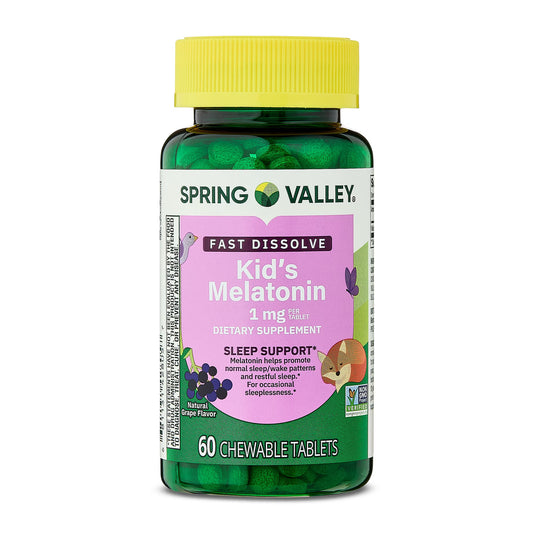 (3 pack) Spring Valley Kids Melatonin Chewable Tablets Sleep Support Dietary Supplement, Grape Flavor, 1 mg, 60 Count