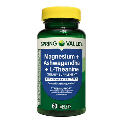 Spring Valley Magnesium + Ashwagandha + L-Theanine for Stress Support Tablets, 60 Count