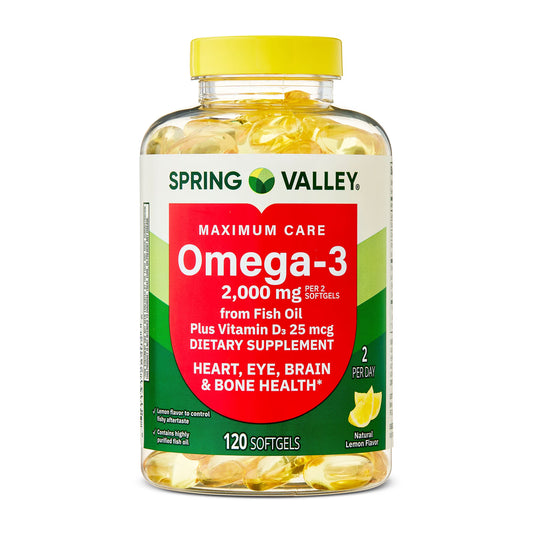 (2 pack) Spring Valley Maximum Care Omega-3 from Fish Oil Dietary Supplement Softgels for Eye Brain Bone & Heart Health, 2000 mg, 120 Count