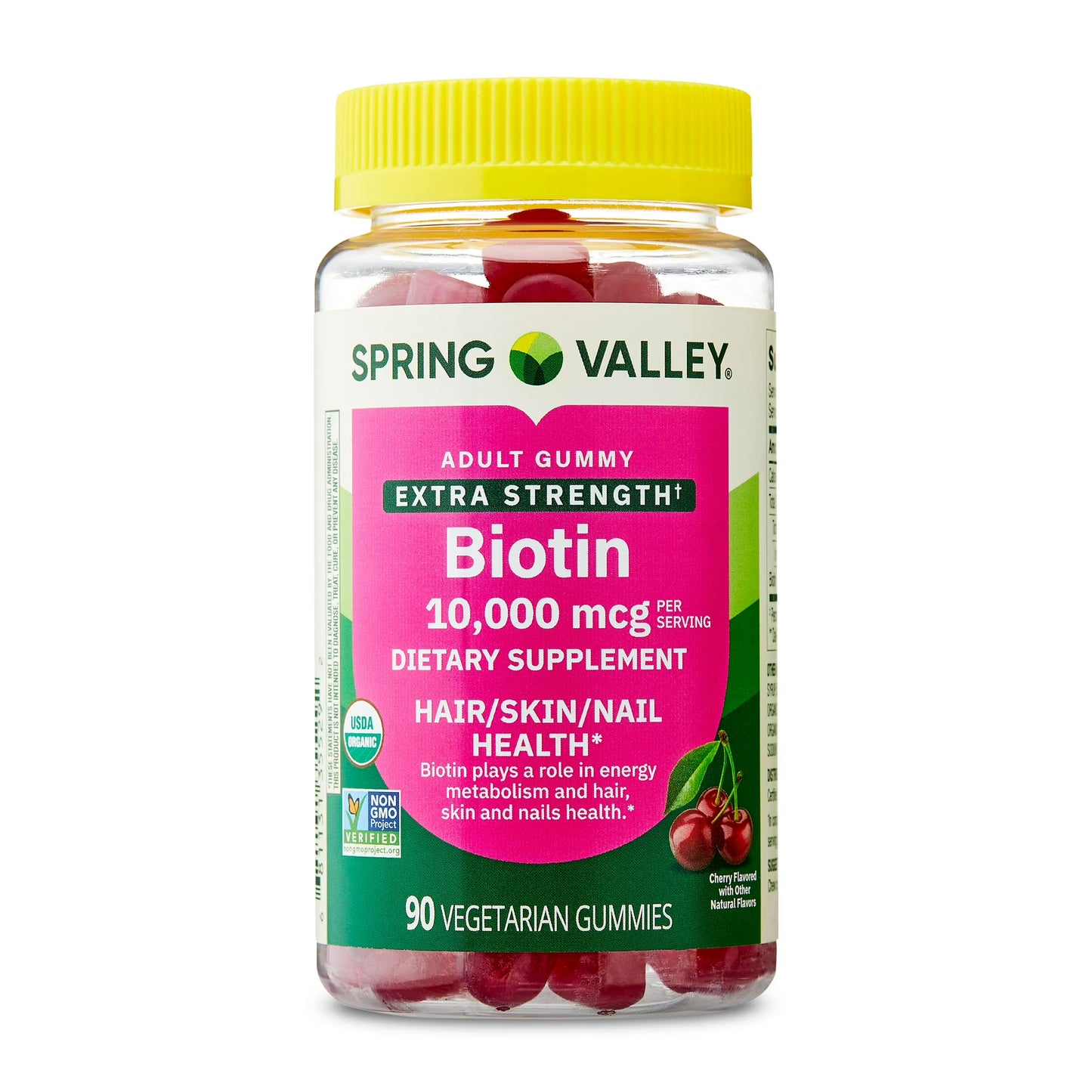 (3 pack) Spring Valley Organic Extra Strength Biotin Vegetarian Gummies for Hair/Skin/Nail Health, Cherry, 10000 mcg, 90 Count