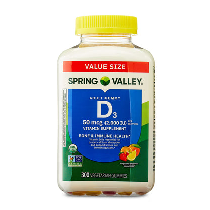 Spring Valley Vitamin D3 Gummies, 50 mcg, 300 Count, Assorted Fruits, Supplement Vegetarian Gummies for Bone and Immune Health