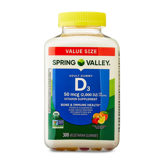 Spring Valley Vitamin D3 Gummies, 50 mcg, 300 Count, Assorted Fruits, Supplement Vegetarian Gummies for Bone and Immune Health