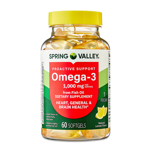 (3 pack) Spring Valley Proactive Support Omega-3 Fish Oil Dietary Supplement Softgels for Heart/General/Brain Health, 1000 mg, 60 Count