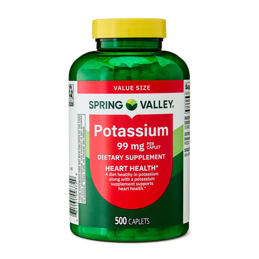 (2 pack) Spring Valley Potassium Dietary Supplement Caplets for Heart Health, 99 mg, 500 Count Value Size