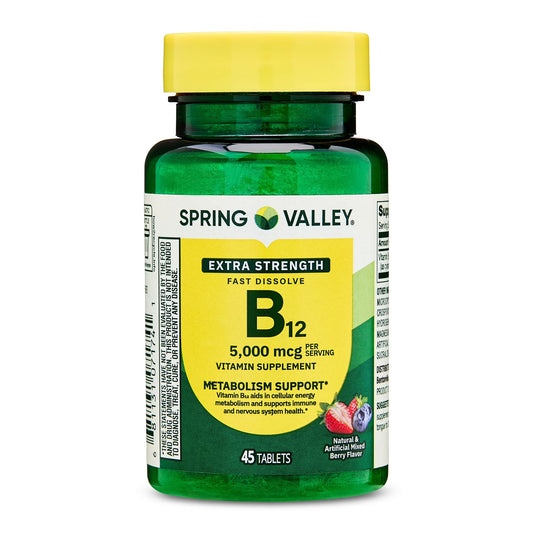 (3 pack) Spring Valley Fast-Dissolve Extra Strength Vitamin B12 Dietary Supplement Tablets for Metabolism Support, Mixed Berry, 5000 mcg, 45 Count