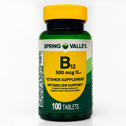 (3 pack) Spring Valley Vitamin B12 Supplement, 500 mcg, 100 Count, Tablets for Metabolism Support